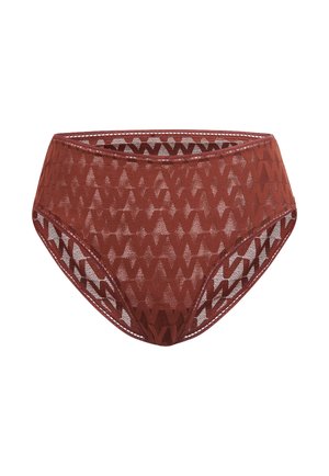 Højtaljede, rustfarvede blonde-trusser med et geometrisk mønster og en gennemsigtig tekstur, med forstærkede kanter for holdbarhed.