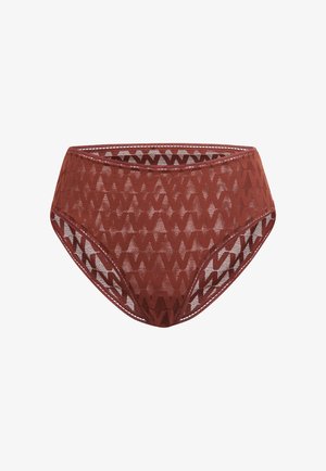 Højtaljede, rustfarvede blonde-trusser med et geometrisk mønster og en gennemsigtig tekstur, med forstærkede kanter for holdbarhed.