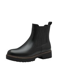 Botín Chelsea negro de cuero con paneles laterales elásticos, diseño texturizado, punta redondeada y suela de goma con un leve tacón.