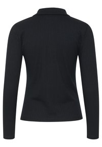 Hladký čierny polokošeľ s dlhým rukávom a golierom, so slim fit strihom a jemnou textúrou, navrhnutý pre elegantný siluetu.