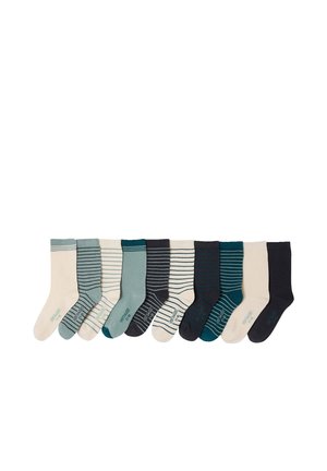 Ten pairs of folded socks in various solid colors and horizontal stripes, arranged side by side on a white background.