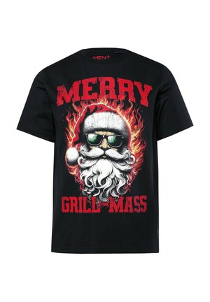 Camiseta negra con llamas detrás de Santa que lleva gafas de sol, barba blanca, gorro rojo y texto rojo que dice "MERRY GRILL-MASS."