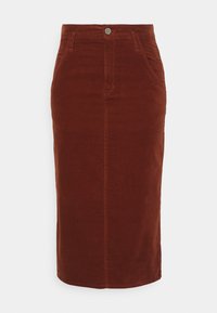 Falda midi de pana color óxido con corte recto, bolsillos frontales y cierre con botón metálico en la cintura. Textura suave y diseño sencillo.