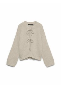Cardigan tricoté beige clair à manches longues, avec deux fermetures à nouer sur le devant, un col rond côtelé et un ourlet côtelé.