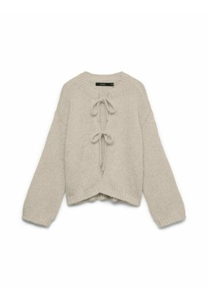 Cardigan tricoté beige clair à manches longues, avec deux fermetures à nouer sur le devant, un col rond côtelé et un ourlet côtelé.
