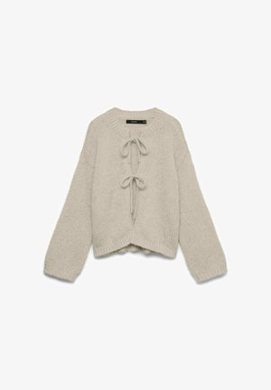 Hellbeige gestrickte Strickjacke mit langen Ärmeln, zwei vorderen Binderverschlüssen und einem gerippten Rundhalsausschnitt sowie Saum.