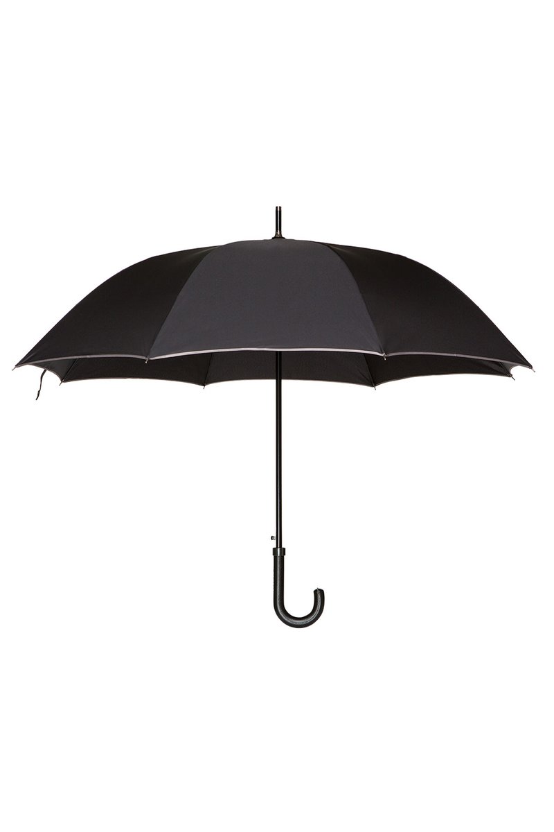 Czarna parasolka z zakrzywioną rączką, wykonana z wodoodpornego materiału, z okrągłym daszkiem i solidną metalową ramą. Brak wzorów i akcentów.