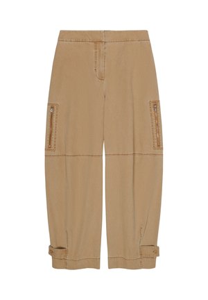 Pantalones cargo de pierna ancha de color marrón claro con bolsillos con cremallera en los laterales y tiras abotonadas en los puños, hechos de tela suave.