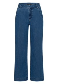 Jean denim bleu à jambes larges avec une taille haute, doté de poches avant et d'une finition soignée aux ourlets. Confectionné en tissu de coton robuste.