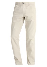 Beige chinos made of cotton with a straight fit. Features a button closure, belt loops, and front pockets. Smooth texture and clean design.