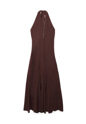 Vestido sin mangas de color marrón oscuro con detalle de botones en la parte delantera y falda acampanada, atado al cuello.