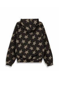 Sudadera negra con grandes estampados de estrellas beige, un bolsillo tipo canguro y capucha con cordón. Fabricada con un tejido suave y elástico.