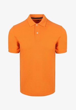 Oranje poloshirt van gestructureerde stof, met een kraag, een knoopsluiting met drie knopen en korte mouwen. Geen patronen of accenten.