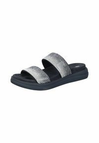 Black slide sandals with two metallic silver straps and a textured finish. Features a cushioned sole for comfort and a modern design.