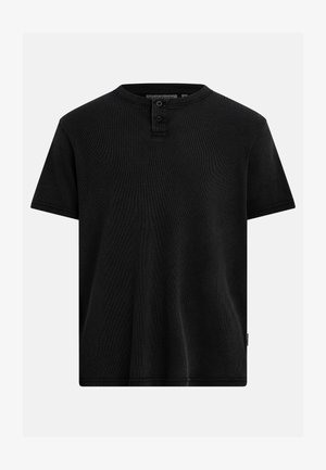 T-shirt noir à manches courtes en maille côtelée avec un col rond et une patte de boutonnage à deux boutons au centre devant.