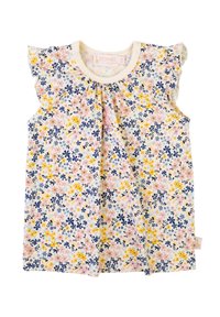 Top senza maniche con motivo floreale e bordi delle spalle arricciati. Presenta vari colori tra cui rosa, giallo e blu su uno sfondo chiaro.