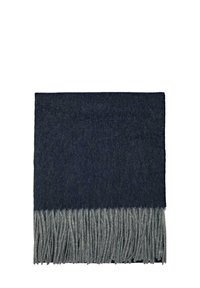 Scarf in lana blu scuro con bordo frangiante grigio. Texture morbida, forma rettangolare e colore uniforme lungo tutto il corpo.