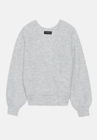 Gray knitted wrap sweater with a deep V-neck, scalloped edges, and puffed long sleeves. Features a textured ribbed pattern.