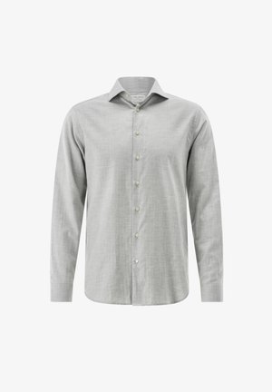 Grau langärmliges Shirt aus leichtem Stoff, mit spitzem Kragen, Knopfverschluss und glatter Textur. Subtiles Muster sichtbar.