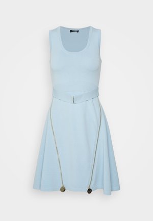 Light blue sleeveless dress with fitted bodice and flared skirt, featuring a decorative silver zipper detail and a belted waist.