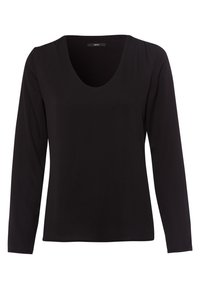 Top lungo nero a maniche lunghe con scollo a barca e texture morbida. Presenta pieghe leggere sulle spalle e un orlo dritto. Design semplice e minimalista.