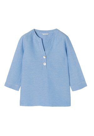 Hele sinine litsidest särg, millel on pikad varrukad, V-kaelus ja kolm nuppu ees. Sujuv tekstuur, juhuslik disain ja lõdva istuvus.