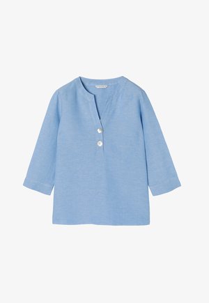 Hele sinine litsidest särg, millel on pikad varrukad, V-kaelus ja kolm nuppu ees. Sujuv tekstuur, juhuslik disain ja lõdva istuvus.
