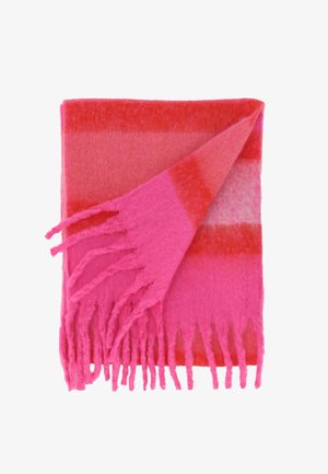 Pink gradient scarf made of soft fabric, featuring fringe on one edge and a blend of vibrant shades, including light and dark pink.