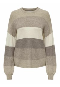 Knitted sweater featuring horizontal stripes in shades of beige, taupe, and off-white. Rounded neckline with ribbed cuffs and hem.