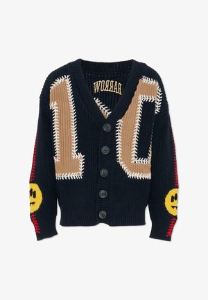 Sweter dzianinowy w ciemnoniebieskim kolorze z zapięciem na guziki. Posiada numer "10" w brązowym kolorze, białe przeszycia oraz uśmiechnięte akcenty w żółtym na rękawach.