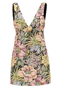 Robe sans manches avec un décolleté en V profond, présentant un motif floral dense en rose pastel, jaune, vert et bleu sur un fond noir.