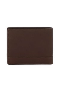 Portofel din piele maro cu o textură netedă, formă rectangulară și cusături subtile. Are un slot pentru carduri pe partea din față.
