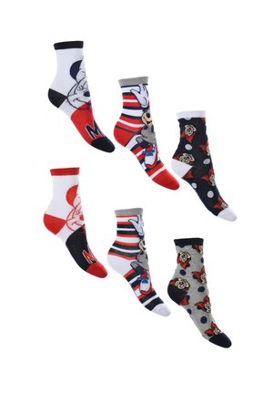 Six colorful ankle socks featuring various Mickey Mouse designs and patterns, arranged on a white background.