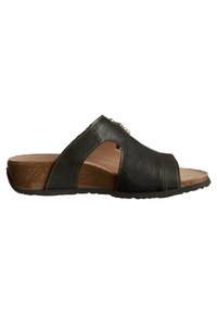 Schwarze Leder-Sandale mit offenem Zeh, ausgestattet mit Nähten und einer korkähnlichen Sohle. Glatte Textur und minimalistisches Design.
