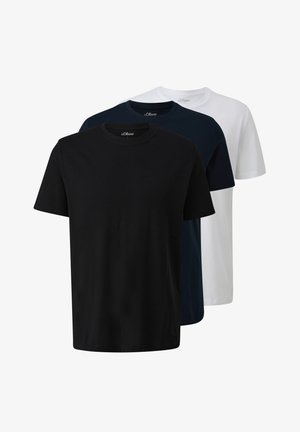 Trys apvalaus kaklo marškinėliai juodos, tamsiai mėlynos ir baltos spalvų. Pagaminti iš minkštos medvilnės, turi trumpas rankoves ir reguliaraus kirpimo dizainą.