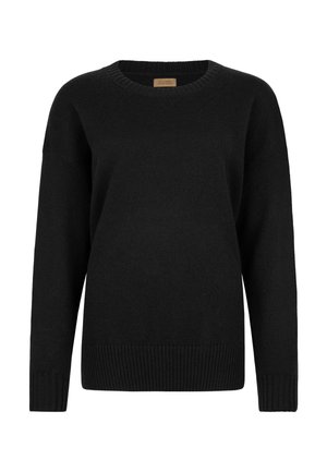 Sort strikket sweater med rund hals, ribbede håndledder og kant. Stoffet har en blød tekstur og en løs pasform for komfort.