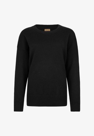 Sort strikket sweater med rund hals, ribbede håndledder og kant. Stoffet har en blød tekstur og en løs pasform for komfort.