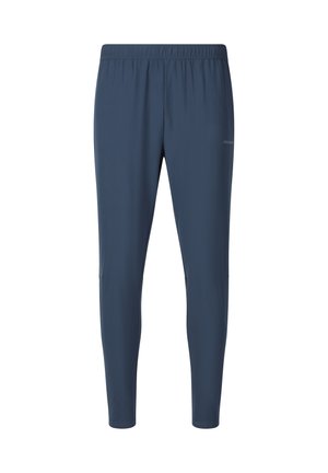 Marineblauwe slim-fit sportbroek met elastische tailleband en subtiel logo op de rechterdij, ontworpen voor actief gebruik.