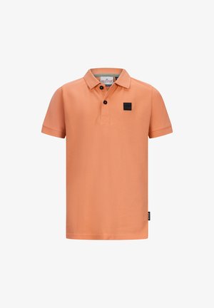 Lichtoranje poloshirt met korte mouwen, kraag, zwarte knop en een klein zwart logo-patch op de borst. Van een katoenmengsel.