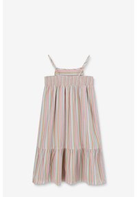 Gestreiftes Kleid aus leichtem Stoff, mit pastellfarbenen Tönen, verstellbaren Spaghetti-Trägern und einem gerafften Oberteil mit einem ausgestellten Saum.