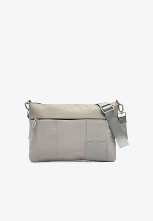 Light gray rectangular crossbody bag with adjustable strap, front zipper pocket, and subtle embossed logo patch on lower right corner.