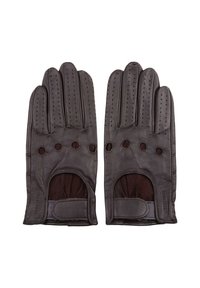 Gants de conduite en cuir marron avec des détails perforés, des articulations ouvertes et une fermeture à scratch pour un ajustement sécurisé.