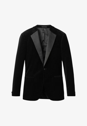 Czarna aksamitna marynarka z satynowym kontrastowym kołnierzem szalowym, z pojedynczym zapięciem na guzik i dwoma przednimi kieszeniami. Gładka tekstura, dopasowany krój.