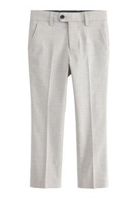 Pantalon habillé gris clair avec poches avant, passants pour ceinture et fermeture par bouton noir sur fond blanc.