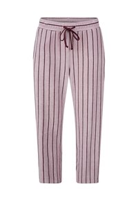 Roze en bordeaux gestreepte joggers met een elastische tailleband en een zachte textuur. Ze hebben verticale strepen en zijn enkellang.