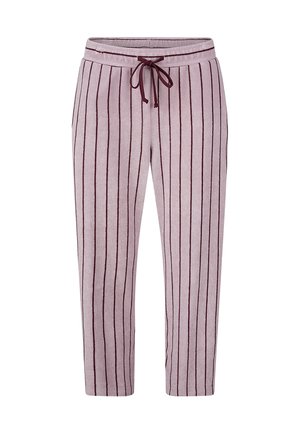 Roze en bordeaux gestreepte joggers met een elastische tailleband en een zachte textuur. Ze hebben verticale strepen en zijn enkellang.