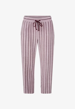 Roze en bordeaux gestreepte joggers met een elastische tailleband en een zachte textuur. Ze hebben verticale strepen en zijn enkellang.