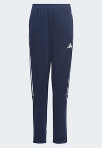 Marineblaue Adidas-Trainingshose mit weißen Seitestreifen, elastischem Bund und weißem Adidas-Logo auf dem rechten Oberschenkel.