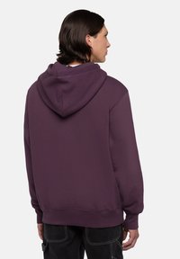 Felpa viola con cappuccio regolabile, polsini e orlo a costine. Tessuto morbido e vestibilità comoda. Vista da dietro, senza grafica visibile.