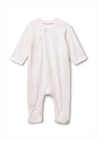 Měkký růžový body s dlouhým rukávem pro miminko, s nohavicemi a diagonálním zapínáním na druky, s jemně vyšitým ananasem na hrudi.